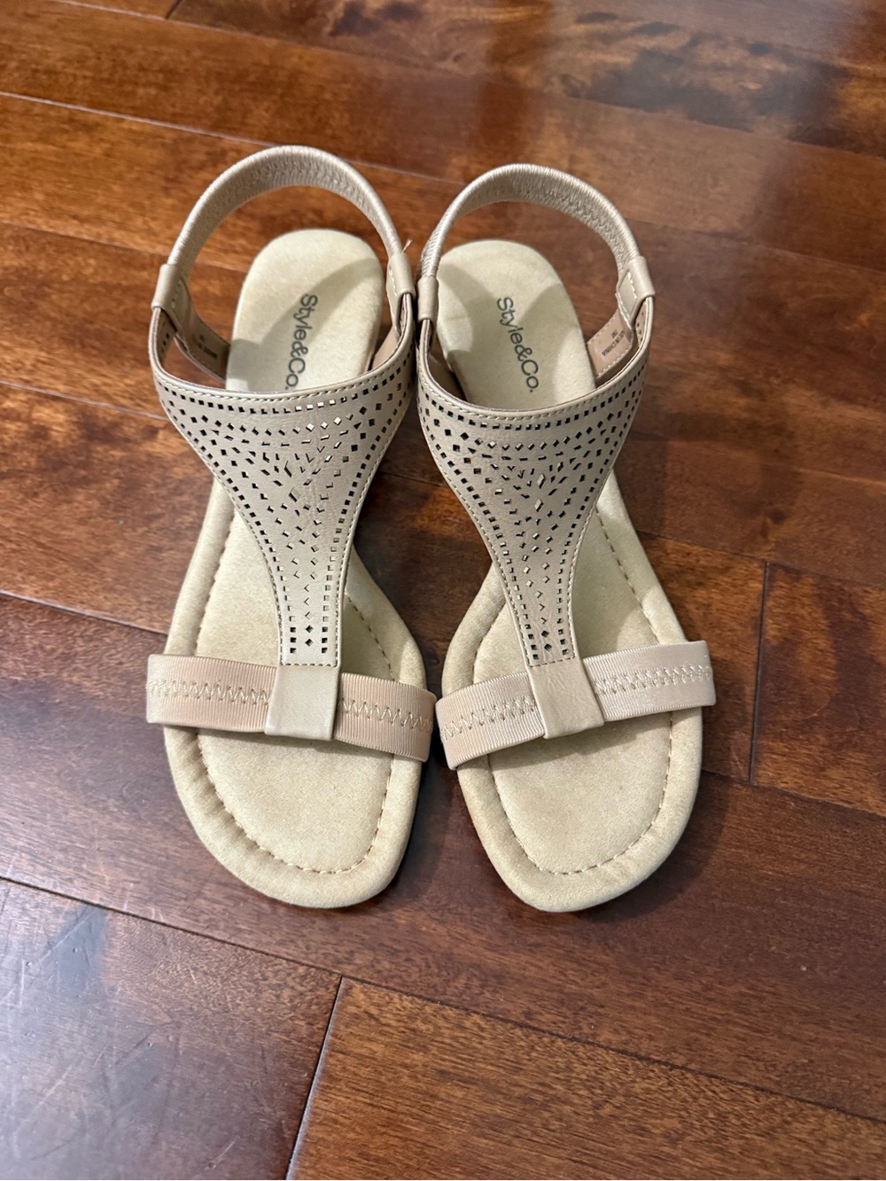 Style & Co. Women's Neutral Perforated T-Strap Slingback Sandals